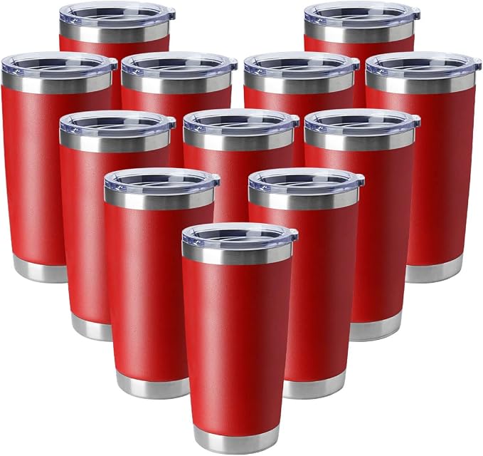 HASLE OUTFITTERS 20oz Tumblers Stainless Steel Mugs with Lid Double Wall Vacuum Insulated Coffee Cups for Cold & Hot Drinks (20oz-Red, 12 Pack) by HASLEOUTFITTERS