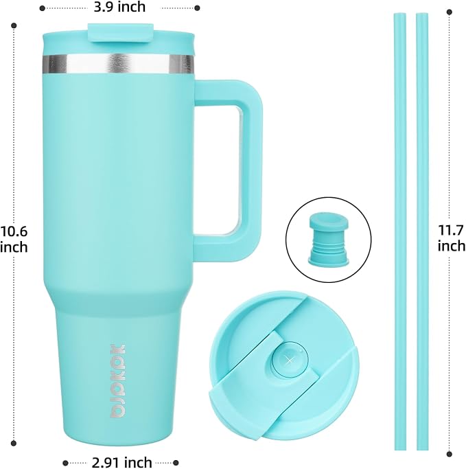 BJPKPK 40 oz Stainless Steel Tumbler With Handle Insulated Tumblers With 2 Straw Travel Coffee Mug With Lid,Turquoise - Image 3