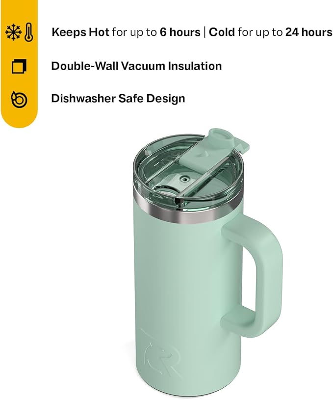 RTIC 16oz Road Trip Travel Mug with Lid and Handle, Ceramic Lined, Insulated, Stainless Steel, Metal, Double Wall Vacuum-Insulation, Portable Coffee, Tea Cup for Hot and Cold Drink, Fresh Mint - Image 2