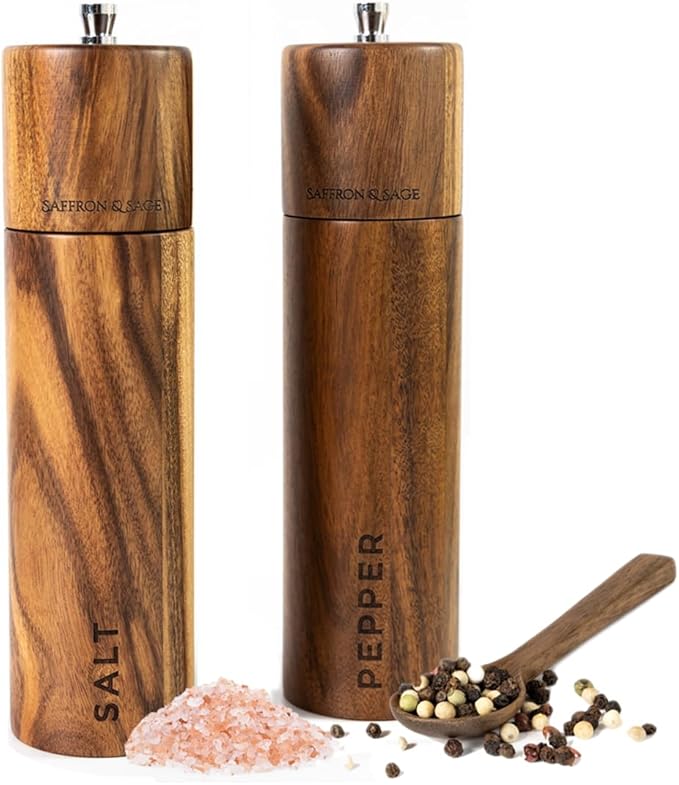 Saffron & Sage Premium Acacia Wood Salt and Pepper Grinder Set of 2-8” Tall by SaffronSageHomeLiving
