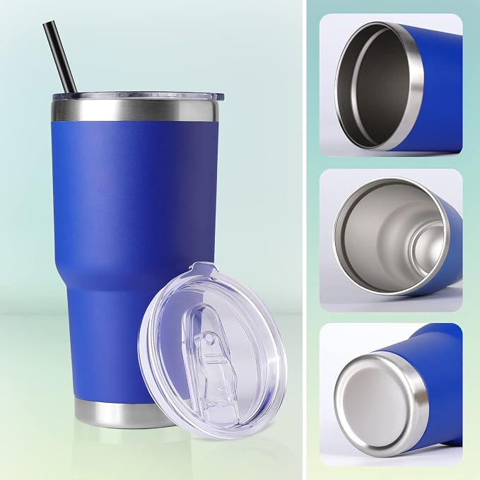 DOMICARE 30 oz Tumbler with Lid and Straw, Stainless Steel Tumblers Bulk, Insulated Vacuum Double Wall Travel Coffee Mug, Durable Powder Coated Tumbler Cups (Dark Blue, 12) - Image 5