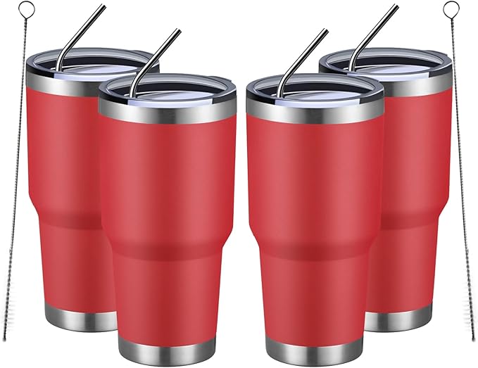 MEWAY 30oz Insulated Tumbler With Lids and Straws,Stainless Steel Double Vacuum Coffee Tumbler Cup, Brush, Durable Powder Coated Coffee Cup for Cold & Hot Drinks, Office, Travel(Coral red,4 PACK) by MEWAY