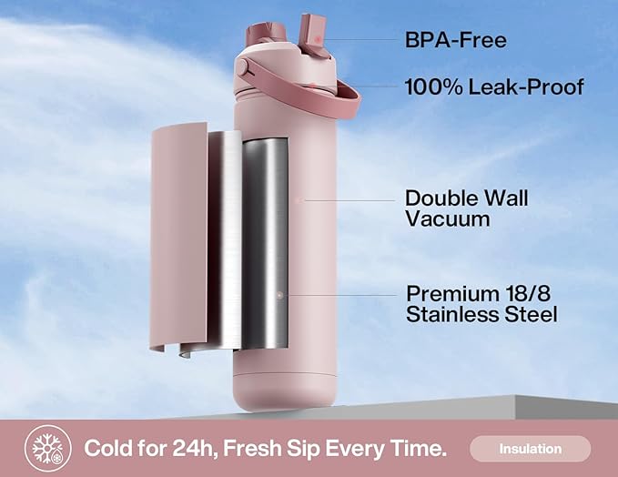 POWCAN 26 oz Insulated Water Bottle with 2-in-1 Straw and Spout Lid, Keep Cold 24H, Leak-Proof, Fits in Car Cup Holder, Stainless Steel Water Bottle for Gift, Holiday, Travel and School (Sweet Rosy) - Image 3