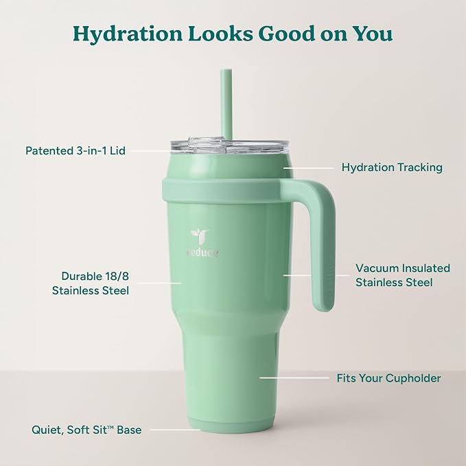 REDUCE 40 oz Stainless Steel Tumbler with Handle - Dual-Wall Vacuum Insulated Travel Mug, Sweat-Proof Lid & Reusable Straw - Keeps Drinks Cold for 24 Hrs, Fits Cupholders, Dishwasher Safe - Matcha - Image 4
