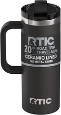 RTIC 20oz Road Trip Travel Mug with Lid and Handle, Ceramic Lined, Insulated, Stainless Steel, Metal, Double Wall Vacuum-Insulation, Portable Coffee, Tea Cup for Hot and Cold Drink, Black by RTIC