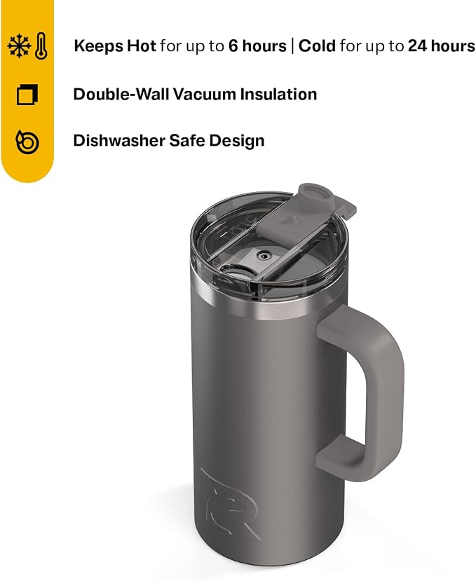 RTIC 16oz Road Trip Travel Mug with Lid and Handle, Ceramic Lined, Insulated, Stainless Steel, Metal, Double Wall Vacuum-Insulation, Portable Coffee, Tea Cup for Hot and Cold Drink, Graphite - Image 2