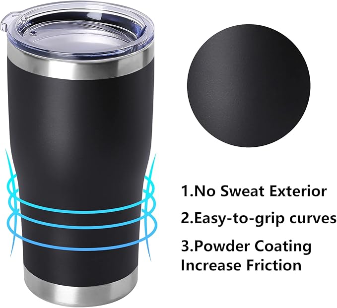 DOMICARE 20oz Tumbler with Lid Stainless Steel Tumblers Bulk, Double Wall Vacuum Insulated Coffee Travel Mug Powder Coated Tumbler, 1 Count (Pack of 1) Black - Image 2