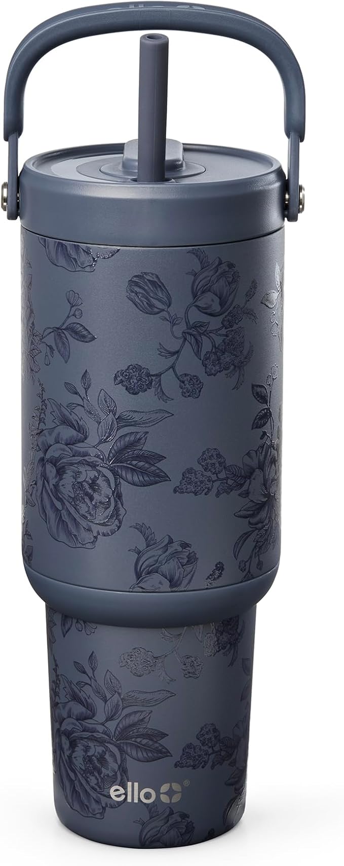 Ello Oasis Go+ 32oz Tumbler with Top Handle and Retracting Straw | Reusable Insulated Stainless Cup, 100% Leakproof Water Bottle, 24 Hours Cold, Cup Holder Friendly For Travel | Porcelain Rose Navy by Ello