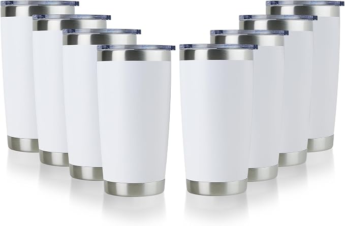 DOMICARE 20oz Stainless Steel Tumbler Bulk with Lid, Double Wall Vacuum Insulated Travel Mug, Powder Coated Coffee Cup, Powder White, 8 Pack by VisittheDOMICARE