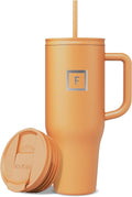 IRON °FLASK Co-Pilot Insulated Mug w/Straw & Flip Cap Lids - Cup Holder Bottle for Hot, Cold Drink - Leak-Proof- Water, Coffee Portable Travel Tumbler - Clementine, 40 Oz by IronFlask