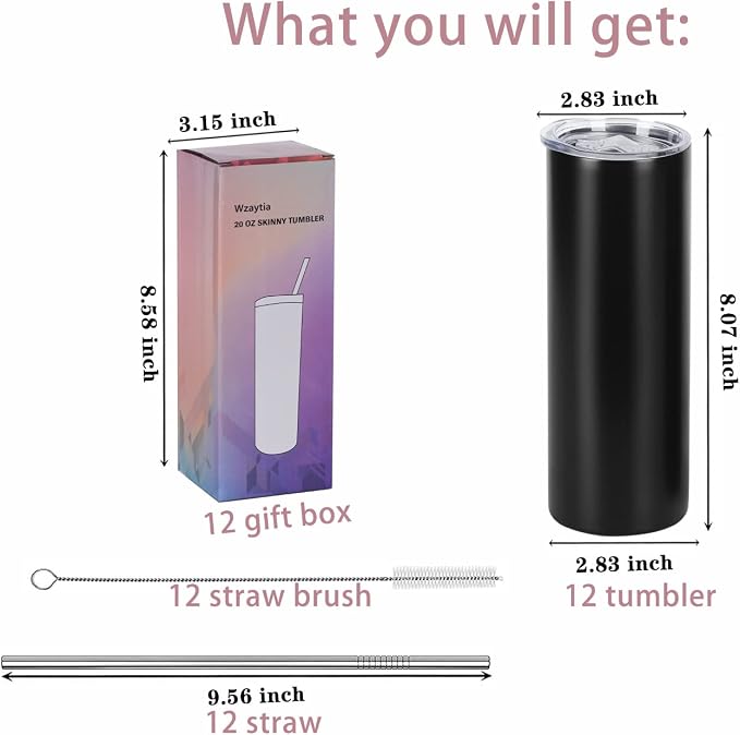 12 Pack 20 Oz Straight Skinny Tumblers,Individually Gift Boxed Stainless Steel Slim Skinny Tumbler Set Bulk, 20 Oz Insulated Slim Thin Travel Tumbler Cup for Diy, Black - Image 7