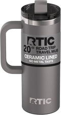 RTIC 20oz Road Trip Travel Mug with Lid and Handle, Ceramic Lined, Insulated, Stainless Steel, Metal, Double Wall Vacuum-Insulation, Portable Coffee, Tea Cup for Hot and Cold Drink, Graphite by RTIC