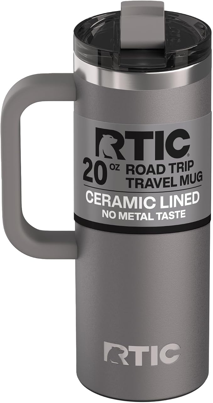 RTIC 20oz Road Trip Travel Mug with Lid and Handle, Ceramic Lined, Insulated, Stainless Steel, Metal, Double Wall Vacuum-Insulation, Portable Coffee, Tea Cup for Hot and Cold Drink, Graphite by RTIC