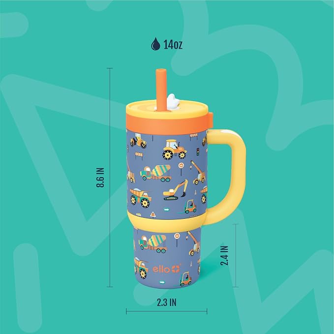 Ello Oasis 14oz Stainless Steel Toddler Tumbler with Handle & Retracting Straw, 100% Leakproof, Double-Wall Vacuum Insulated, Kids Water Bottle for School, BPA Free, Dishwasher Safe, Construction - Image 7