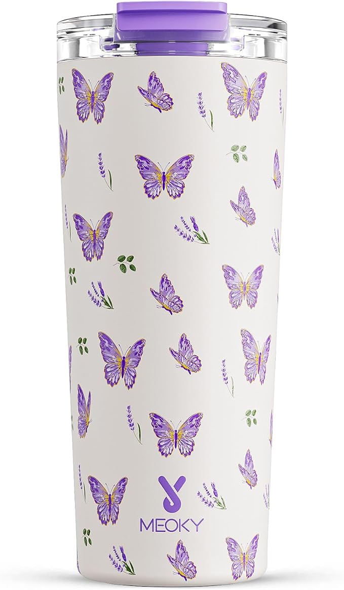 Meoky 24 oz Travel Coffee Mug with Leak-proof Lid, Stainless Steel Insulated Coffee Tumbler, Keeps Hot for 8 Hours or Cold for 24 Hours, Fits in Car Cup Holder (Butterfly) by MEOKY