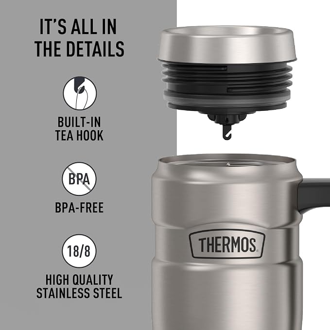 THERMOS Stainless King Vacuum-Insulated Travel Mug with Handle - 16oz, Matte Steel - Thermos Tumbler for Hot & Cold Drinks - Leak-Proof & Sweat-Proof Stainless Steel Coffee Mug with Lid for Commuting - Image 4