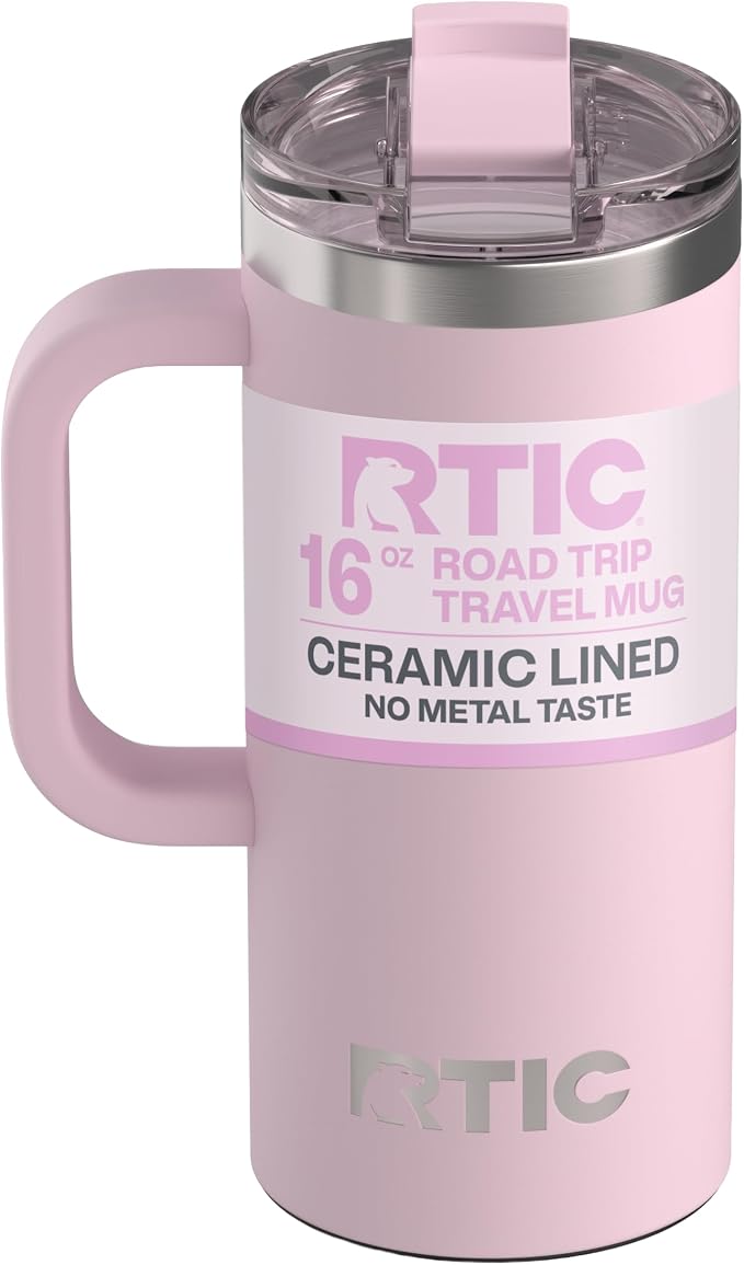 RTIC 16oz Road Trip Travel Mug with Lid and Handle, Ceramic Lined, Insulated, Stainless Steel, Metal, Double Wall Vacuum-Insulation, Portable Coffee, Tea Cup for Hot and Cold Drink, Pale Pink by RTIC