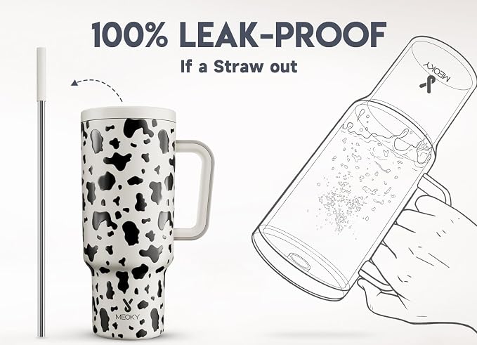 Meoky 40 oz Tumbler with Handle and Straw, Tumbler with Lid and Straw, Insulated Stainless Steel Travel Mug, 100% Leak-proof, Keeps Cold for 34 Hours or Hot for 10 Hours (Cow) - Image 3