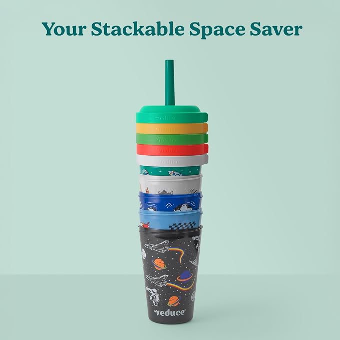 REDUCE GoGo's Kids Portable Tumbler Cups with Lids and Spill-Proof Straws - 5 Pack of Stackable 12 oz Tumblers with Twist-On Lids - Easy Storage, Dishwasher Safe - New Explorer - Image 6