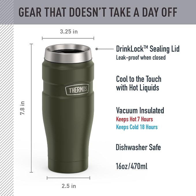 THERMOS Stainless King Vacuum-Insulated Stainless Steel Tumbler - 16oz, Army Green - Insulated Coffee Tumbler for Hot & Cold Drinks - Leak-Proof & Sweat-Proof for Commuting & Traveling - Image 2