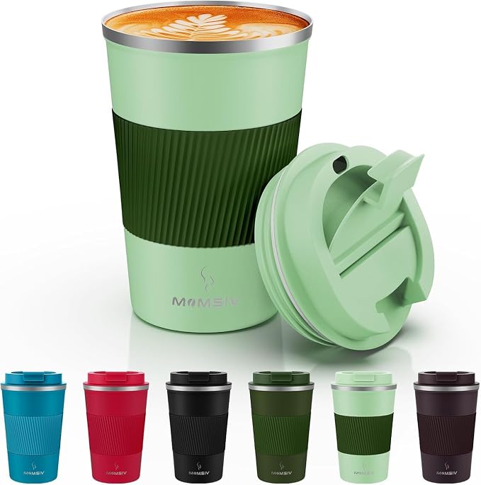 MOMSIV 12oz Travel Mug, Insulated Coffee Cup with Leakproof Lid, Vacuum Stainless Steel Double Walled Reusable Tumbler for Hot and Cold Water Coffee and Tea In Travel and Car (Green-380ml) by MOMSIV