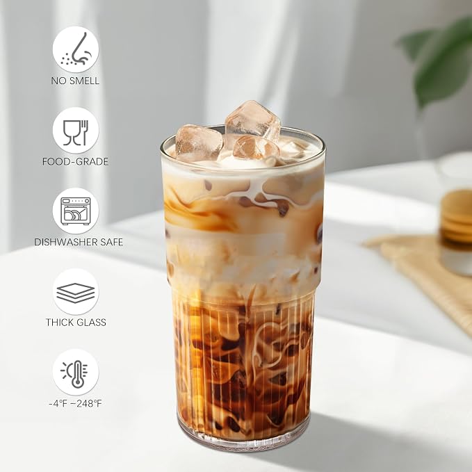Luiaiog 18.5oz Glass Cups with Lids and Straws - Set of 4 Reusable Tumblers, Thickened Shatter-Resistant Glass, Ideal for Iced Coffee, Smoothies, Cocktails, Juices - Elegant & Durable Drinkware - Image 3