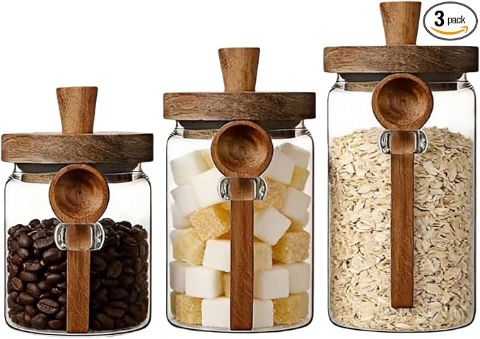 ANSQU Glass Jars with Wooden Lids and Spoons, Glass Food Storage Canisters by ANSQU