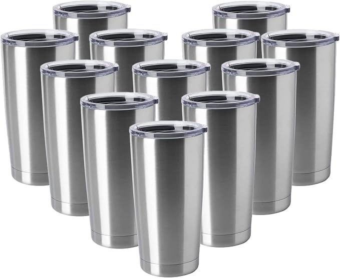HASLE OUTFITTERS 20oz Tumblers Stainless Steel Mugs with Lid Double Wall Vacuum Insulated Coffee Cups for Cold & Hot Drinks (20oz-Stainless Steel, 12 Pack) by HASLEOUTFITTERS