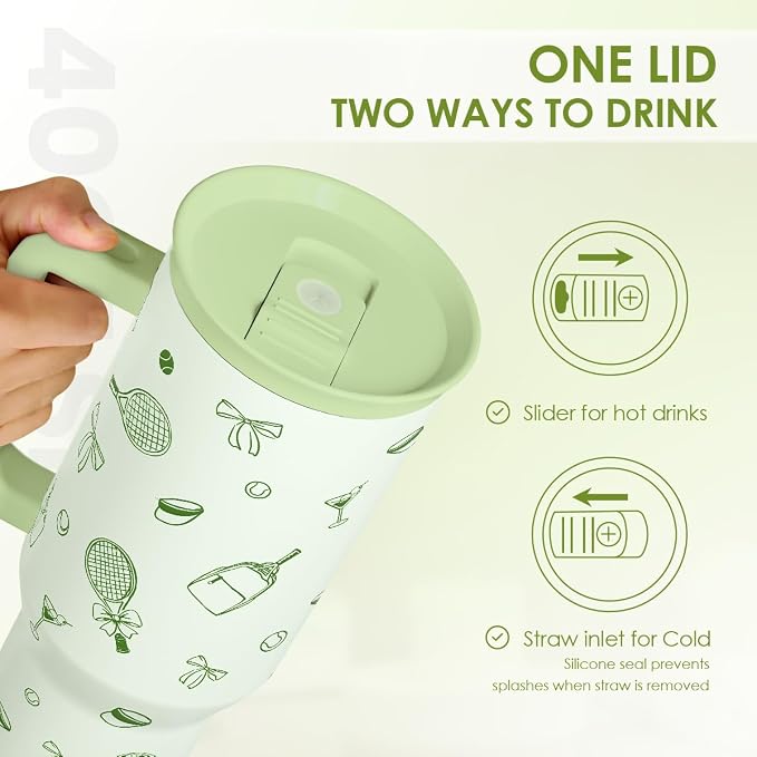 SANDJEST Tennis 40oz Tumbler With Handle and Straw, Insulated Stainless Steel Travel Coffee Mug for Women Girls Tennis Players, Gift Idea for Birthday Christmas Mothers Day - Image 4