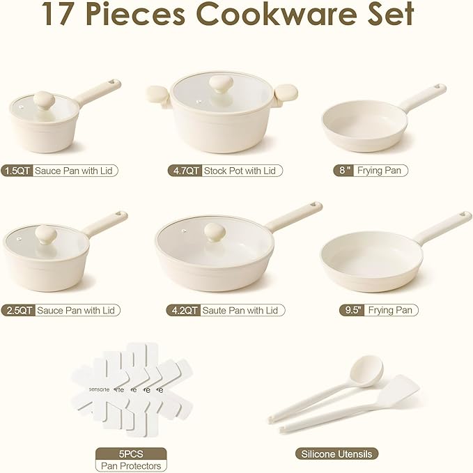 SENSARTE Ceramic Nonstick Pots and Pans Set 17pcs, Healthy Induction Cookware - Image 2