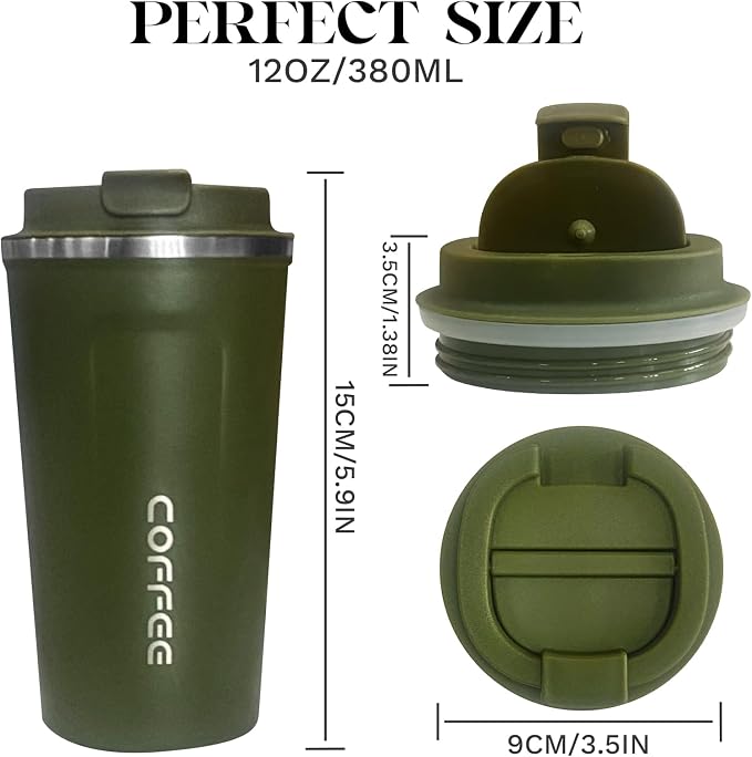 YINBAOGE Insulated Travel Coffee Mug, Spill & Leak Proof, Portable To Go Camping Stainless Steel Coffee Tumbler, Reusable Thermal Coffee Cup with Lid for Hot & Cold Drinks (2nd-Green, 12 OZ) - Image 4