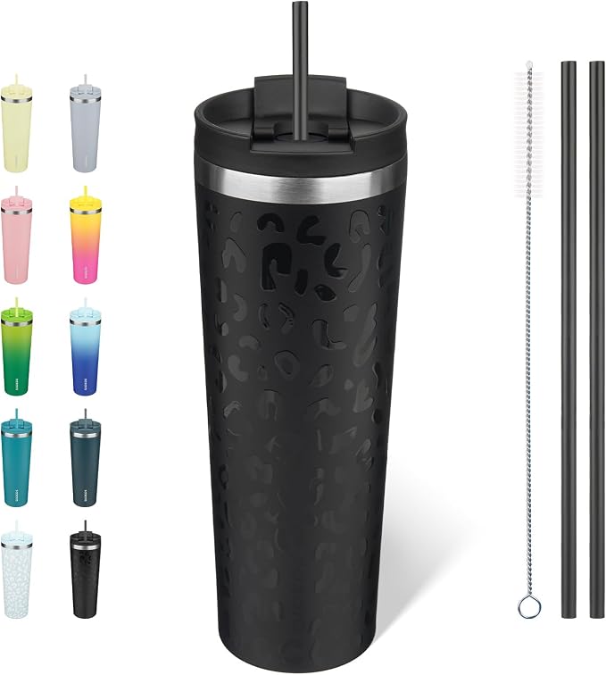 BJPKPK 30oz Insulated Tumbler With lid And Straw Stainless Steel Tumblers Travel Coffee Mug Reusable Thermal Cup,Black Leopard by BJPKPK