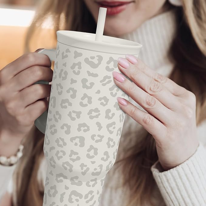 SANDJEST Leopard Tumbler with Handle, Insulated Cup Stainless Steel Travel Mug Cup, Gifts for Women Girl on Birthday Christmas, Cream Leopard, 40oz - Image 8