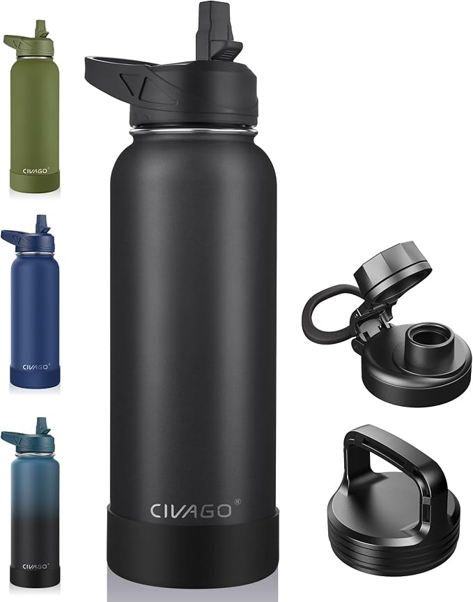 CIVAGO 40 oz Insulated Water Bottle With Straw, Stainless Steel Sports Water Cup Flask with 3 Lids (Straw, Spout and Handle Lid), Double Walled Travel Thermal Canteen Mug, Midnight Black by CIVAGO