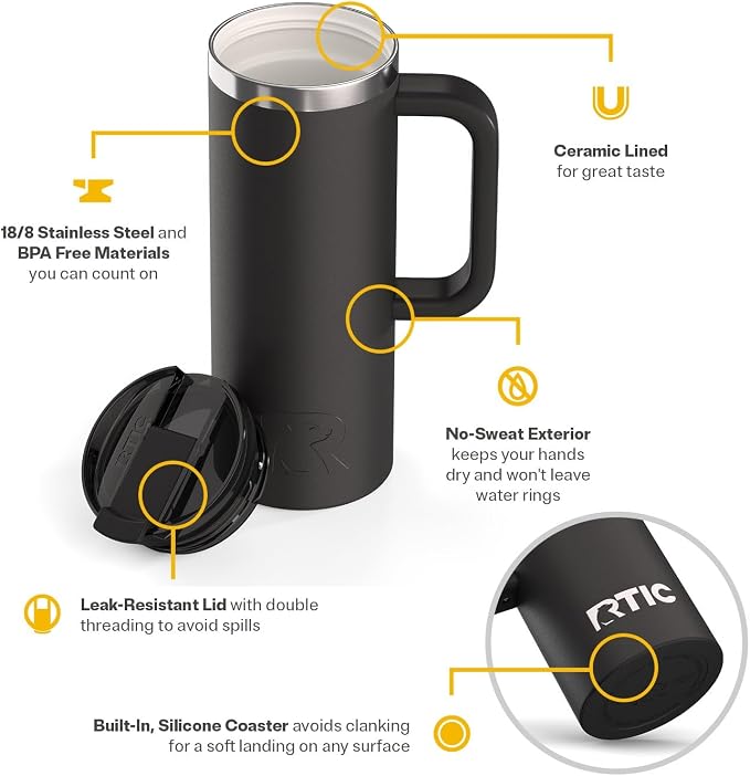 RTIC 20oz Road Trip Travel Mug with Lid and Handle, Ceramic Lined, Insulated, Stainless Steel, Metal, Double Wall Vacuum-Insulation, Portable Coffee, Tea Cup for Hot and Cold Drink, Black - Image 3