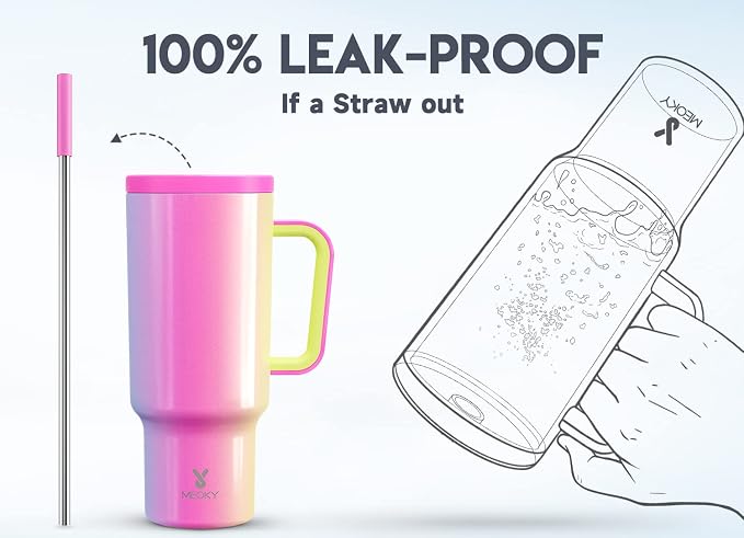 Meoky 40oz Tumbler with Handle, Leak-proof Lid and Straw, Insulated Coffee Mug Stainless Steel Travel Mug, Keeps Cold for 34 Hours or Hot for 10 Hours (Carnival) - Image 3