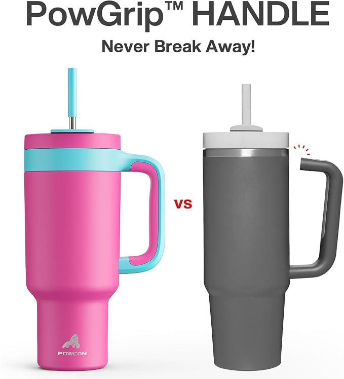 POWCAN 40 oz Tumbler with Handle, 2-in-1 Straw and Sip Lid, Leakproof, Dishwasher Safe, Insulated Stainless Steel Travel Coffee Mug, Keeps Cold for 34 Hours, Fits in Car Cup Holder (Petal) - Image 3