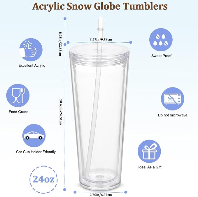4 Pack 24Oz Snow Globe Tumblers, Double Wall Acrylic Snowglobe Cup with Pre Drilled Hole, Lids, Straws and Plug, Reusable Clear Plastic Tumbler for Snow Globe Glitter DIY - Image 2