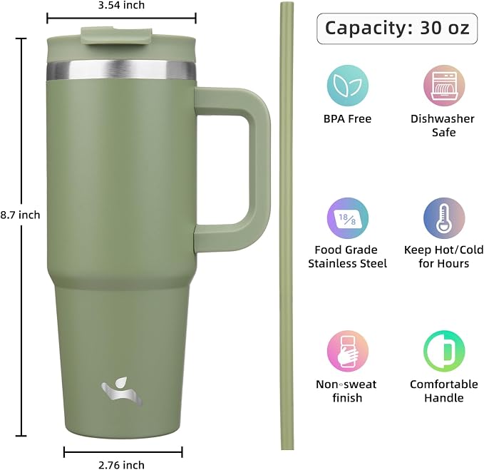 Konokyo 30 oz Tumbler with Handle and 2 Straws,2 in 1 Lid Insulated Water Bottle Stainless Steel Travel Coffee Mug,Army Green - Image 4