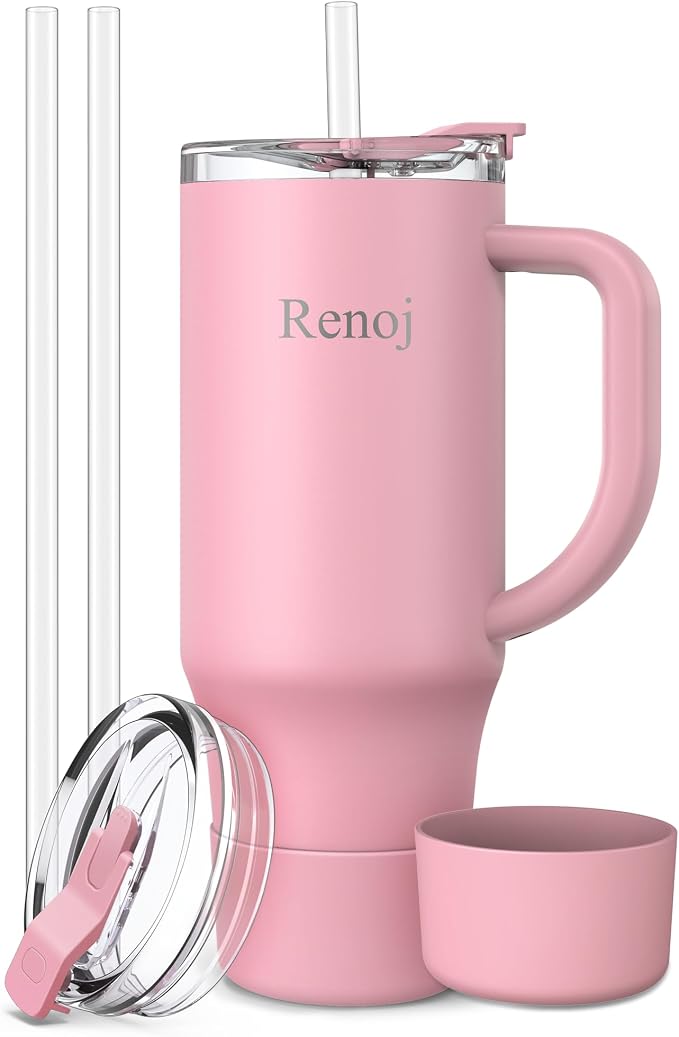 Renoj Insulated Mug 100% Leak Proof Insulated Water Bottle for Iced Coffee & Hot Drinks - Fits Car Cup Holder, Ideal Gift, 2 Straws & Silicone Boot - SnapShift Pink 32 oz by VisittheRenoj
