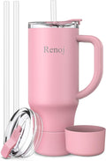 Renoj Insulated Mug 100% Leak Proof Insulated Water Bottle for Iced Coffee & Hot Drinks - Fits Car Cup Holder, Ideal Gift, 2 Straws & Silicone Boot - SnapShift Pink 32 oz by VisittheRenoj