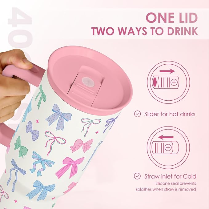 SANDJEST Bow 40oz Tumbler With Handle and Straw, Insulated Stainless Steel Travel Coffee Mug for Women Girls Bow Lovers, Gift Idea for Birthday Christmas Mothers Day - Image 4