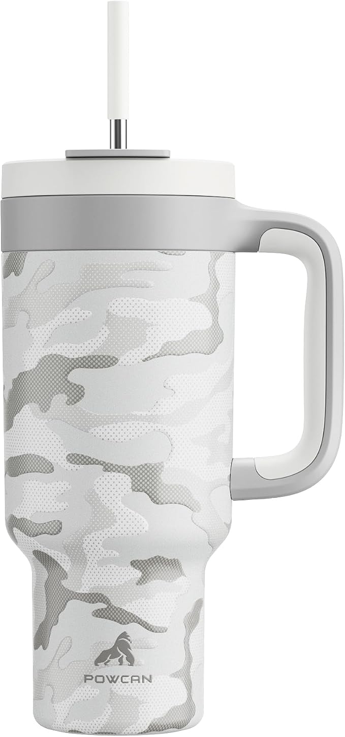 POWCAN 40 oz Camo Tumbler with Handle, 2-in-1 Straw and Sip Lid, Leakproof, Dishwasher Safe, Insulated Stainless Steel Travel Coffee Mug, Keeps Cold for 34 Hours, Car Cup Holder Fit (Clouded Aspen) by POWCAN