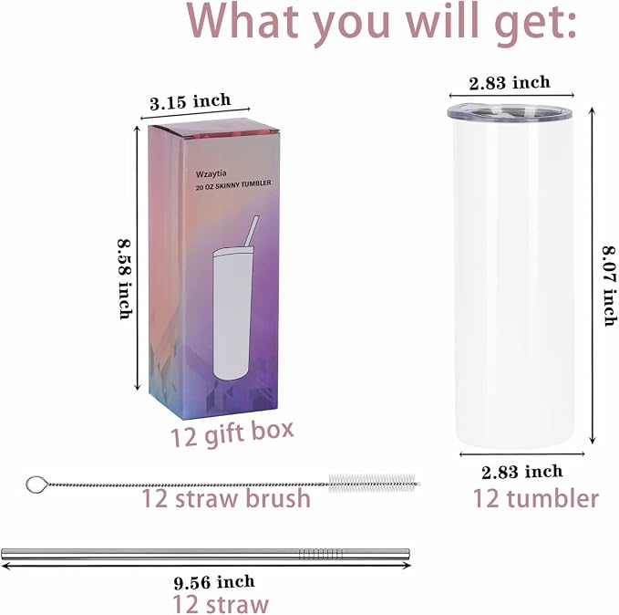 12 Pack 20 Oz Straight Skinny Tumblers,Individually Gift Boxed Stainless Steel Slim Skinny Tumbler Set Bulk, 20 Oz Insulated Slim Thin Travel Tumbler Cup for Diy, White - Image 7