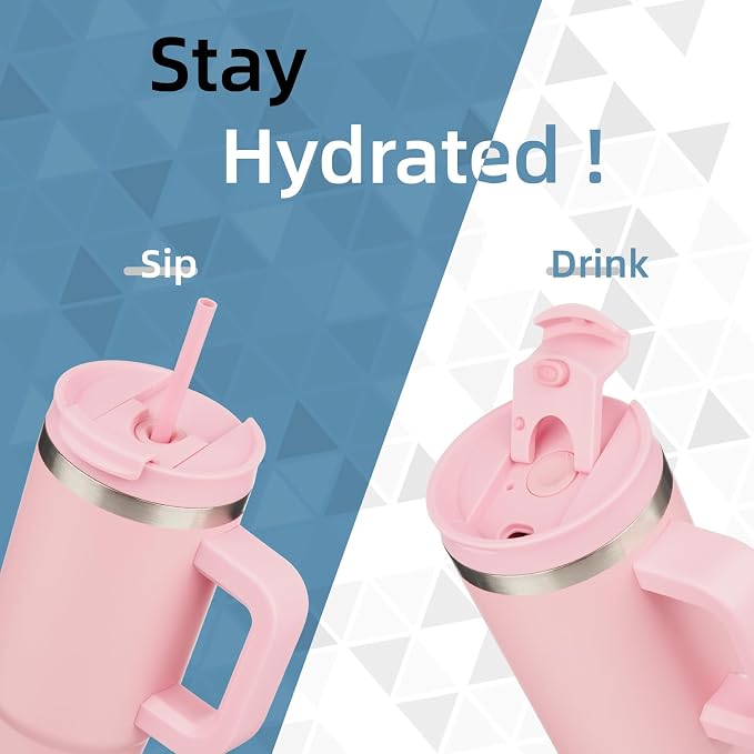 Konokyo 40 oz Tumbler with Handle and 2 Straws,2 in 1 Lid Insulated Water Bottle Stainless Steel Travel Coffee Mug,Pink - Image 2