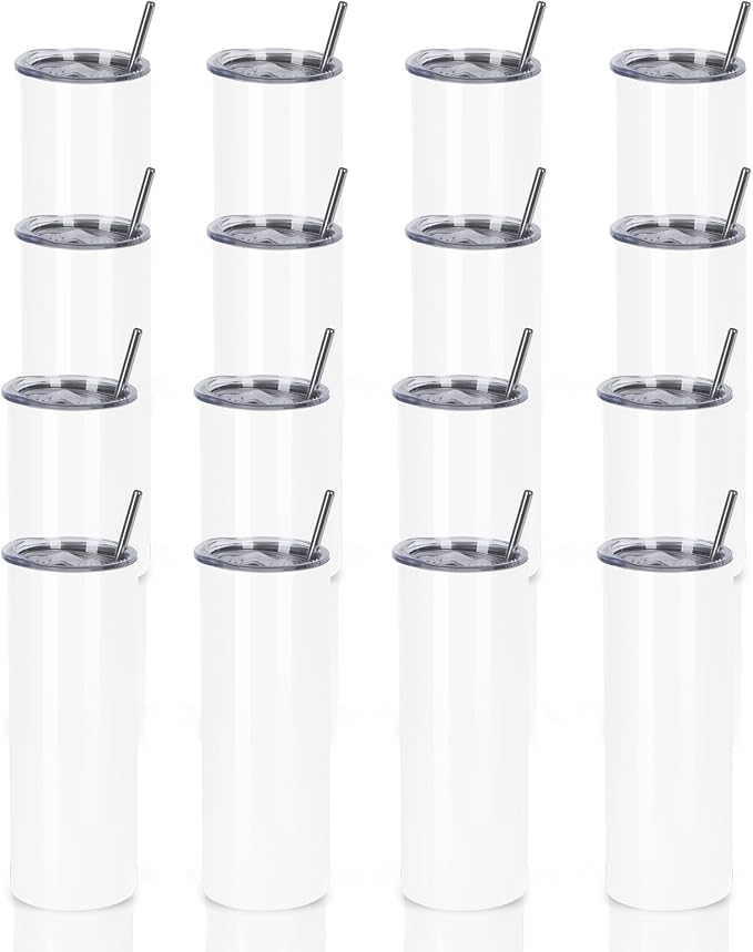 16 Pack 20 Oz Straight Skinny Tumblers,Individually Gift Boxed Stainless Steel Slim Skinny Tumbler Set Bulk, 20 Oz Insulated Slim Thin Travel Tumbler Cup for Diy, White by Wzaytia