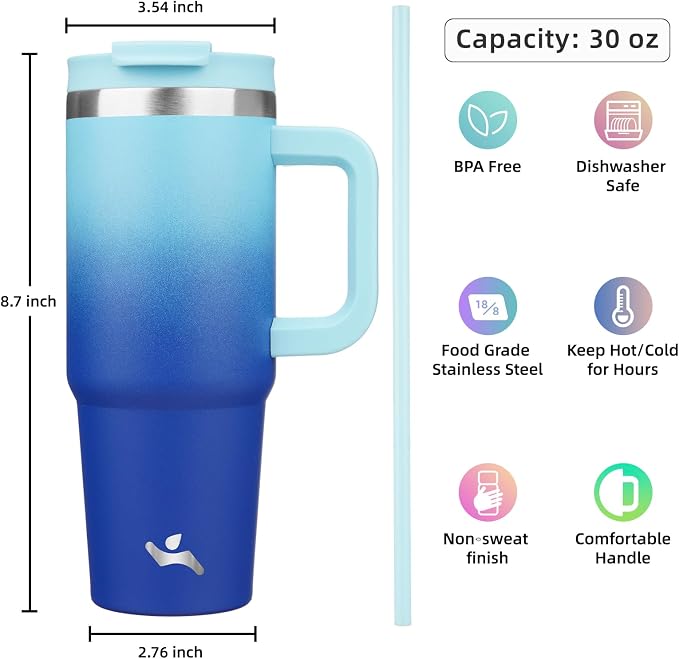 Konokyo 30 oz Tumbler with Handle and 2 Straws,2 in 1 Lid Insulated Water Bottle Stainless Steel Travel Coffee Mug,Sky - Image 4