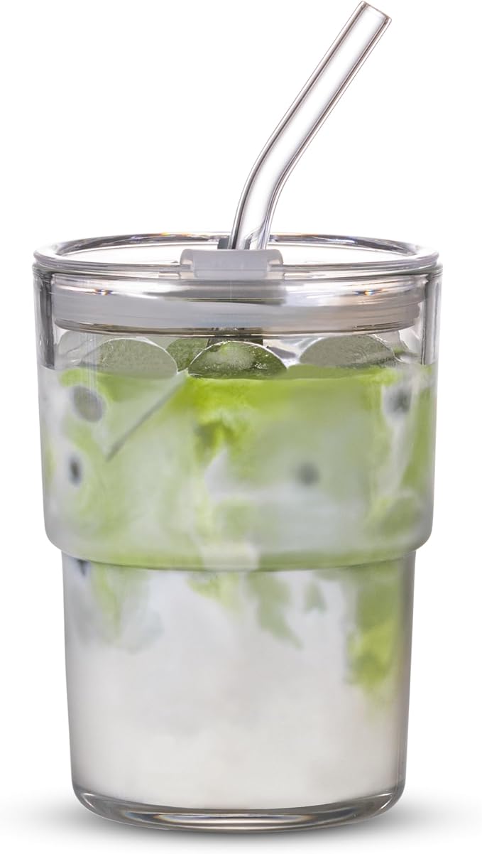 BLUEPOLAR 13oz/400ml Tumbler Water Glass, Cups with Straw and Lid Sealed Carry on for Coffee, Iced Tea, Thick Wall Insulated Glass Cup(white) by BLUEPOLAR