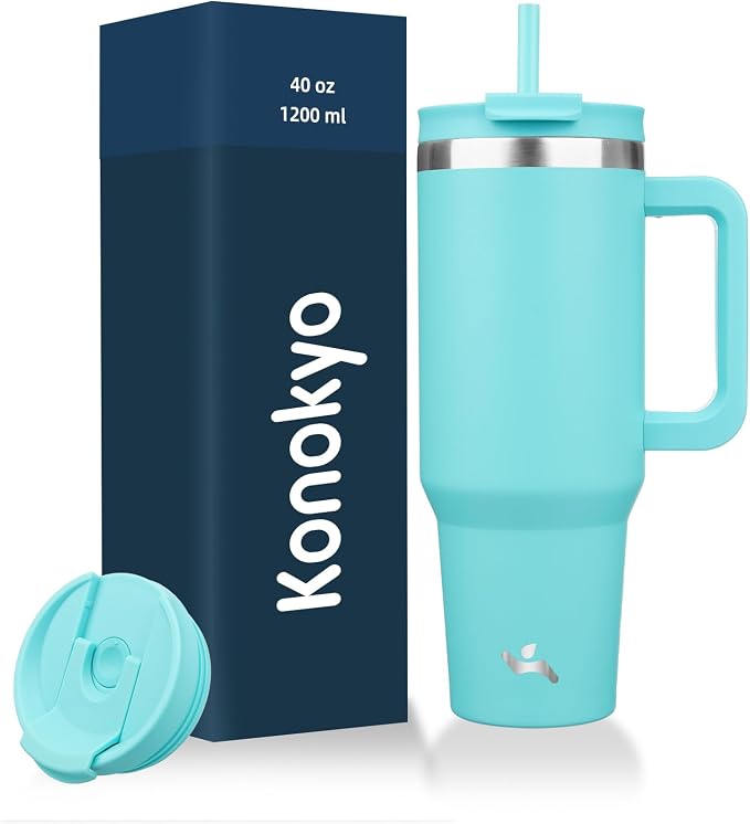 Konokyo 40 oz Tumbler with Handle and 2 Straws,2 in 1 Lid Insulated Water Bottle Stainless Steel Travel Coffee Mug,Turquoise by Konokyo