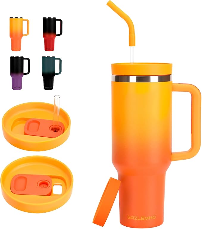 40oz Tumbler with Handle and Straw Spout 2-in-1 Lid, Spill Leak Proof Insulated Travel Cup Traveler Water Mug Keep Cold Hot, Dishwasher Safe Stainless Steel Bottle Gifts for Women Men, Ombre Orange by GAZLEMHO